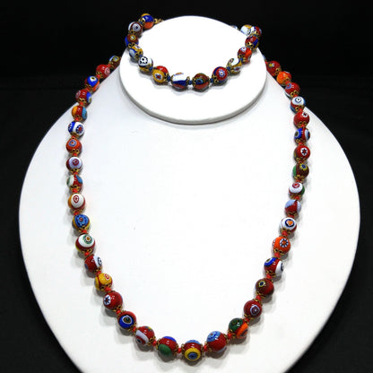 Murano Millefiori Beaded Necklace Bracelet Set, Hand Blown Glass, Hand Knotted in Red, 1950s Vintage Jewelry