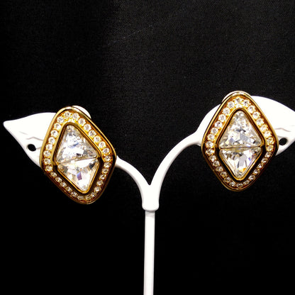 Vintage Swarovski Swan Logo Clear Crystal Clip Earrings Gold Plated 1990s