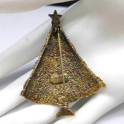Eisenberg Ice Christmas Tree Brooch, Green Enamel, Gold Plate, 1960s Vintage Jewelry