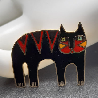 Laurel Burch Magicat Brooch, Black Red Enamel Cloisonne, Gold Plated, 1980s Vintage Jewelry