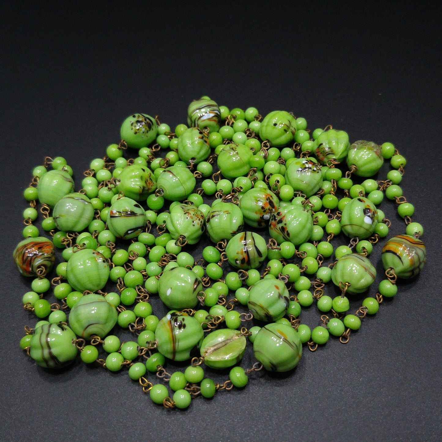 Art Deco 1920s Hand Painted Green Glass Bead Flapper Necklace 70" Wire Wrapped