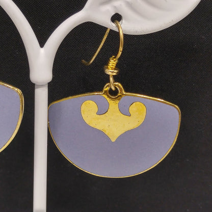 Vintage Laurel Burch Fan Earrings, Gold Plated, Lavender Enamel