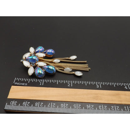 Iridescent Blue Gold Plated Fringe Brooch, White Art Glass Stones, 1960s Vintage Jewelry