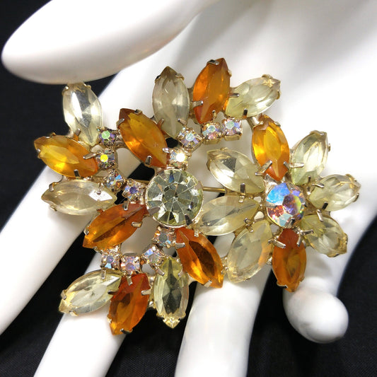 Light Topaz & Clear Rhinestone Floral Brooch, Aurora Borealis, Gold Plated, 1960s Vintage Jewelry