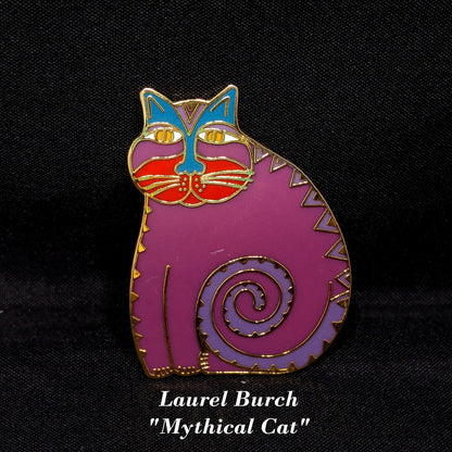 Laurel Burch "Mythical Cat" Brooch & Pendant, Cloisonné Enamel, Gold Plated, 1980s Vintage Jewelry