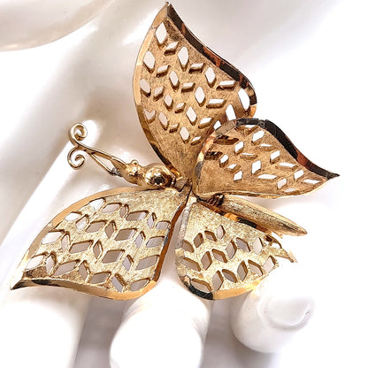 Vintage Gold Butterfly Brooch, Articulated Wings, Filigree Mid-Century Jewelry