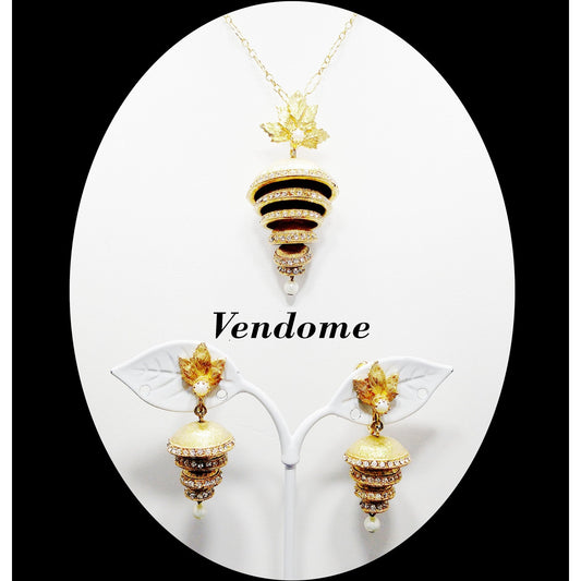 Vendome Articulated Floral Pendant Necklace & Earrings, Pave Rhinestones, Faux Pearls, 1960s Vintage Jewelry