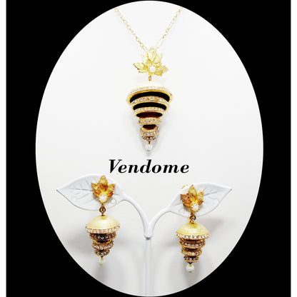 Vendome Articulated Gold Tone Pendant Necklace & Earrings Set 1950s Vintage