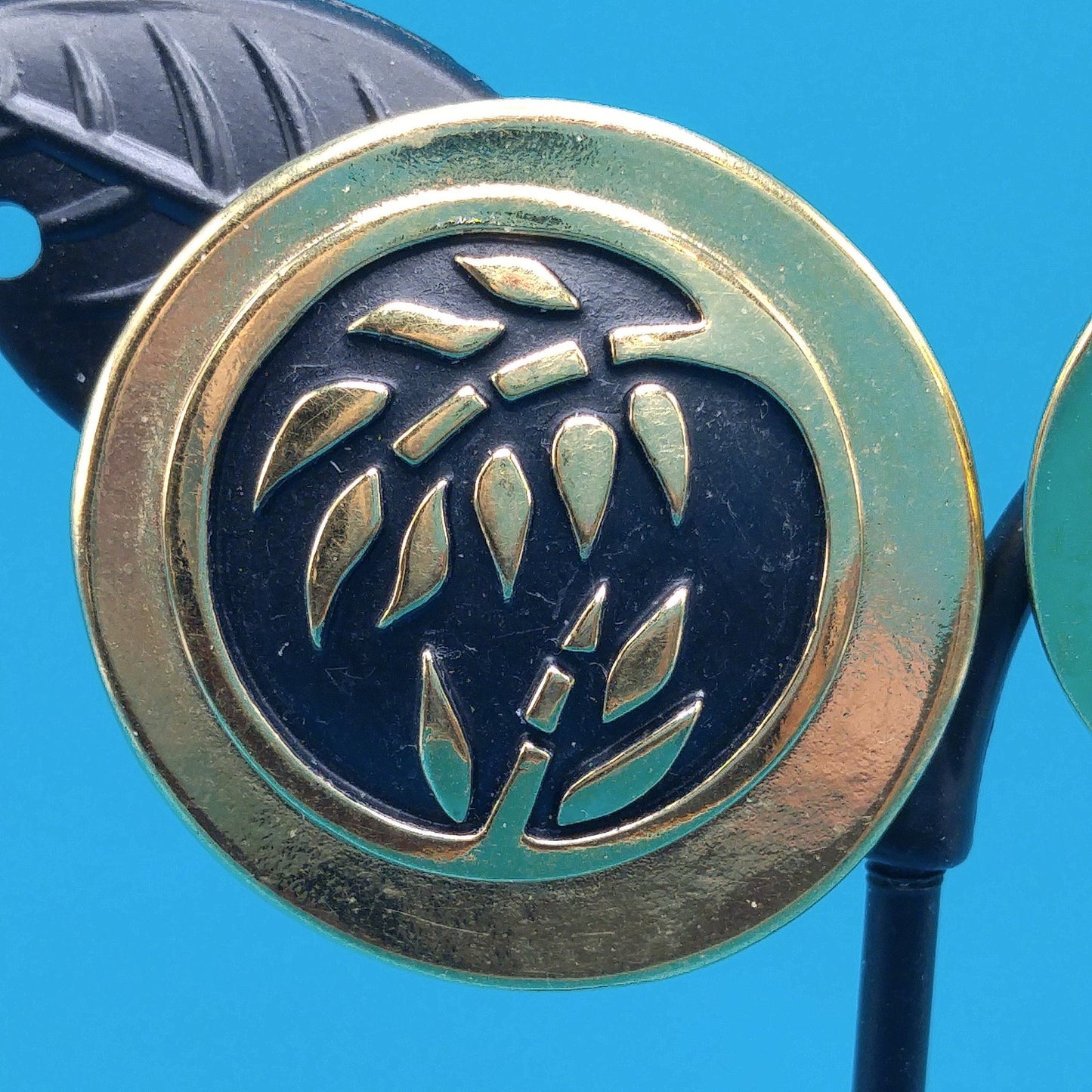 Laurel Burch Bamboo Large Post Earrings, Black Enamel, Gold Plated, 1980s Vintage Jewelry