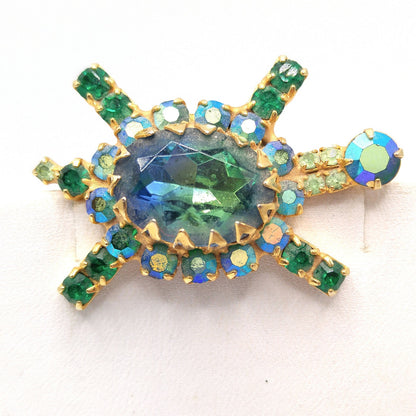 Vintage Turtle Brooch, Green Blue Aurora Borealis Rhinestones, Gold Plated, 1960s Vintage Jewelry