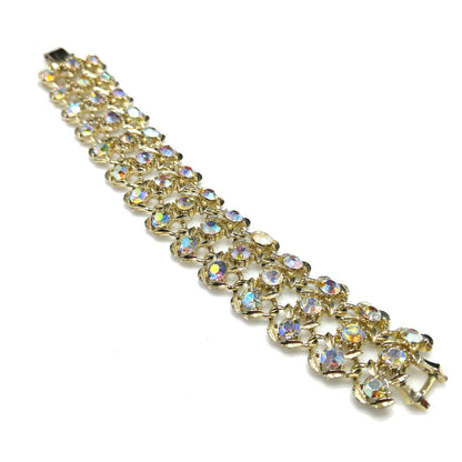 Vintage Aurora Borealis Rhinestone Wide Bracelet, Gold Plated, 1960s