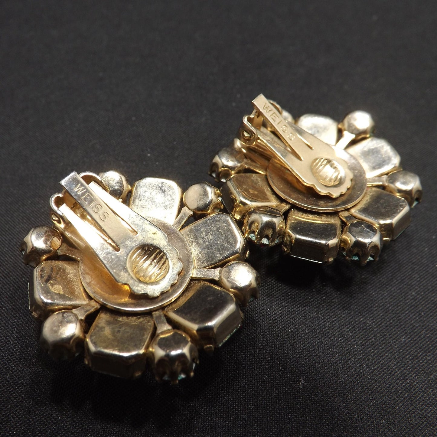 Weiss Red Aurora Borealis Floral Earrings, Gold Plated, 1950s Vintage Jewelry
