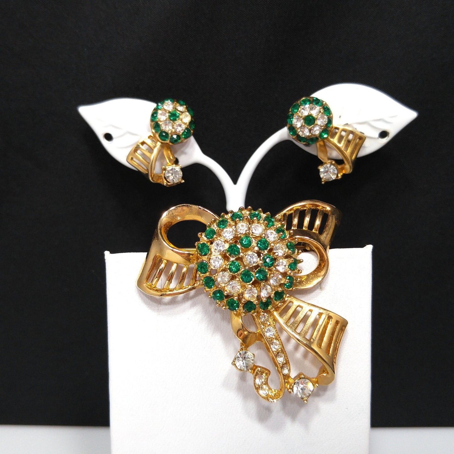 Green Rhinestone Brooch & Earrings, Gold Plated, 1940s Vintage Jewelry