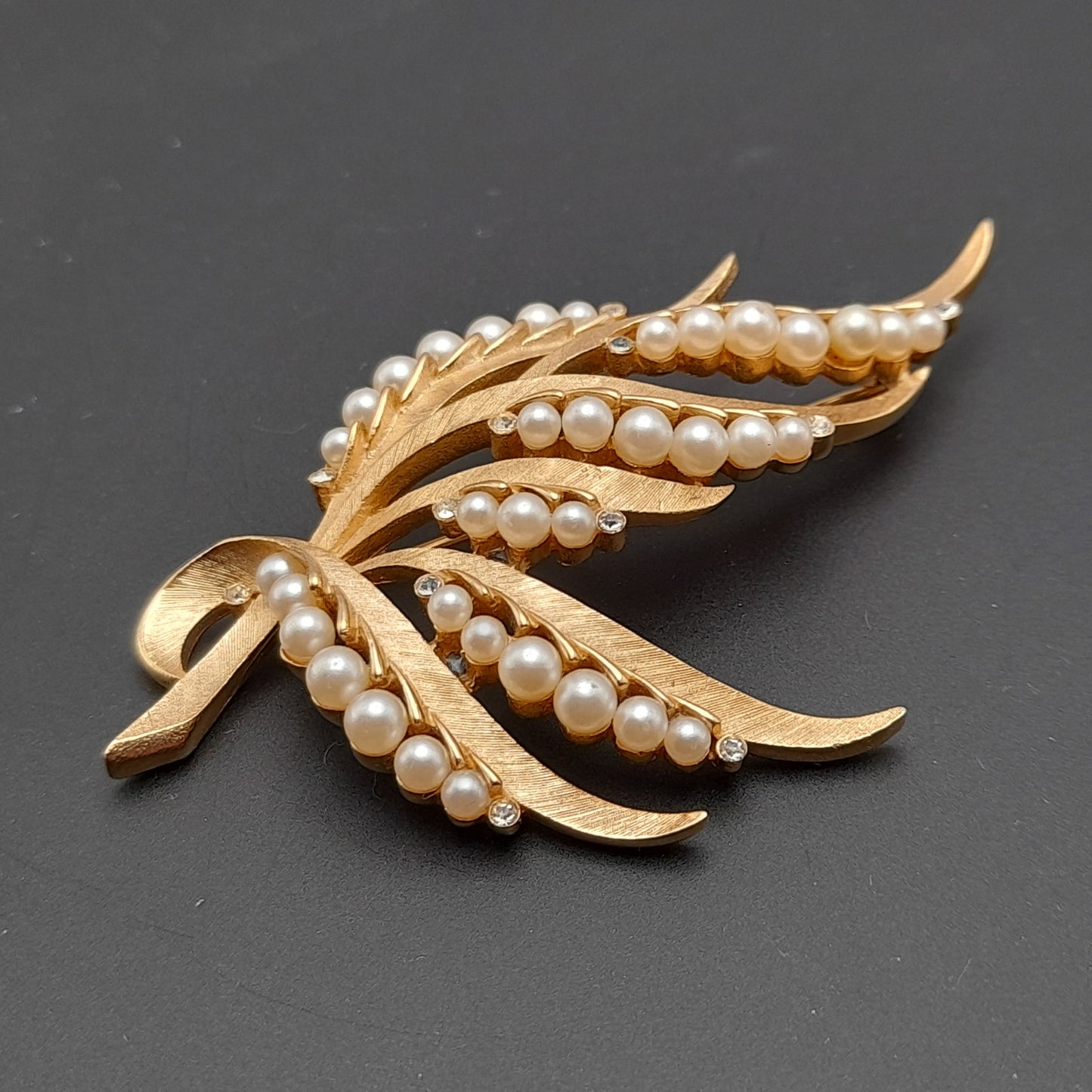 Vintage Crown Trifari Brooch – Gold Plated Satin Finish with Faux Pearls & Rhinestones