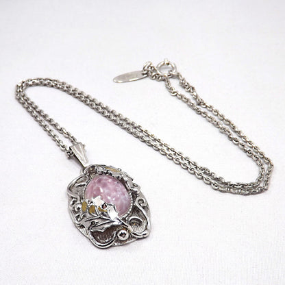 Vintage Whiting & Davis Pendant Necklace Easter Egg Glass Cabochon Silver Tone Floral Frame Vintage Jewelry