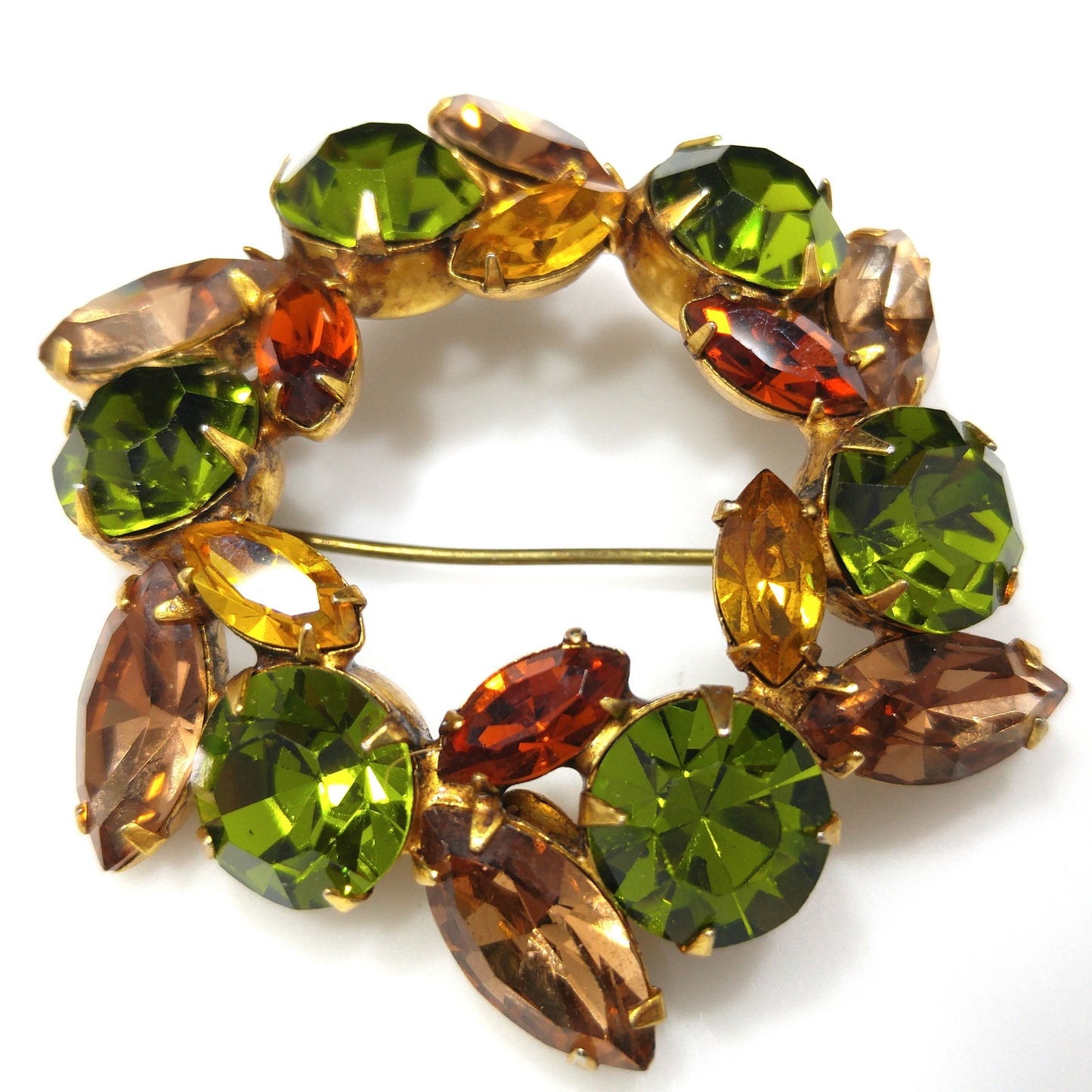 Vintage Regency Wreath Brooch, Green Topaz Citrine Crystal Rhinestones, 1950s Vintage Jewelry