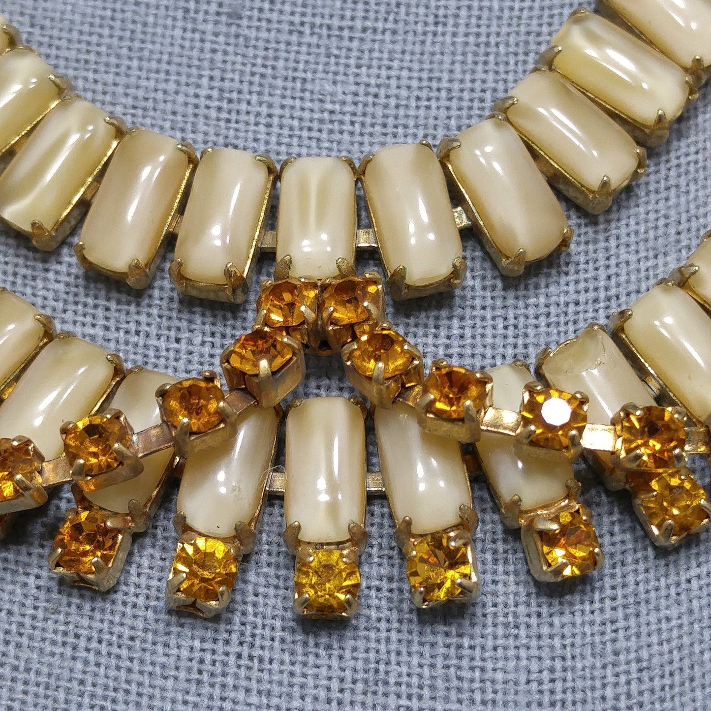 Vintage Weiss Festoon Topaz Rhinestone Necklace, Book Piece, Art Glass & Rhinestones