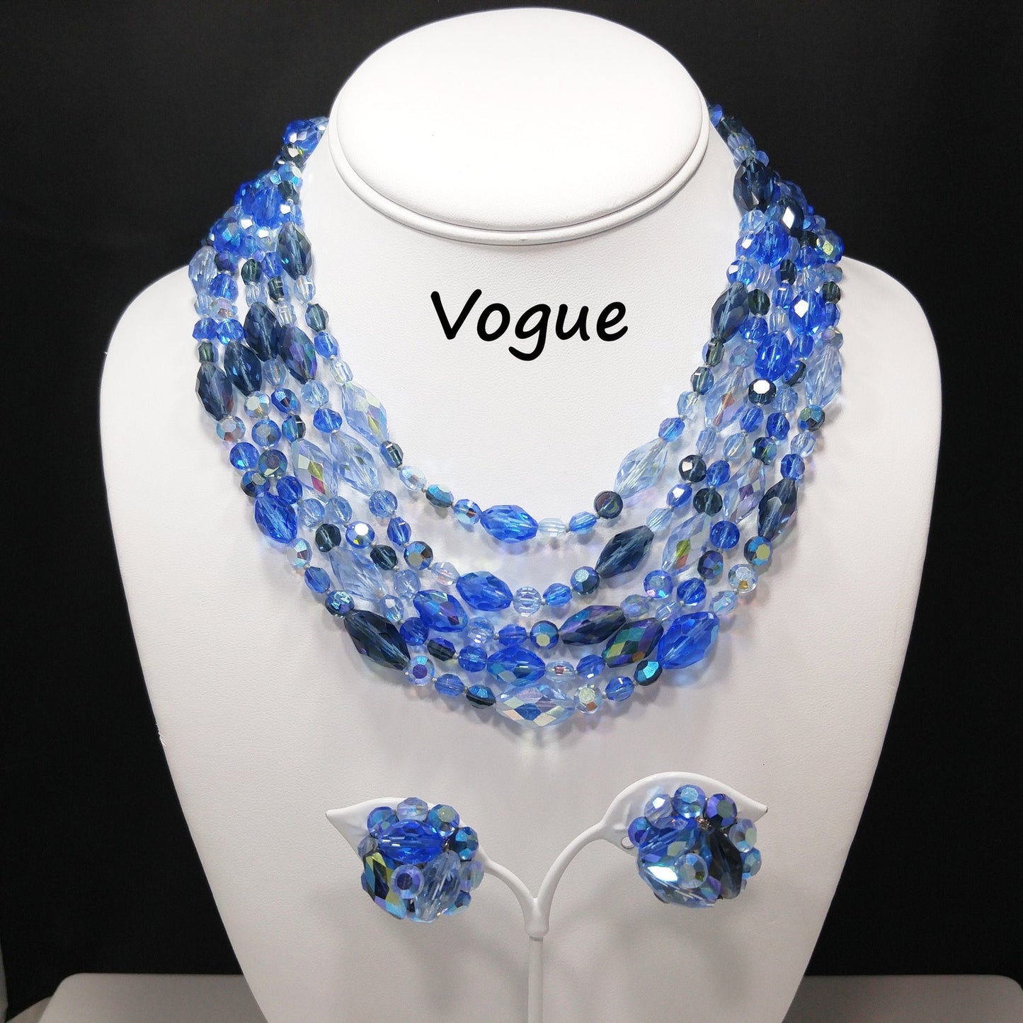 Vogue Blue Crystal Necklace & Earrings Set, Aurora Borealis, 1960s Vintage Jewelry
