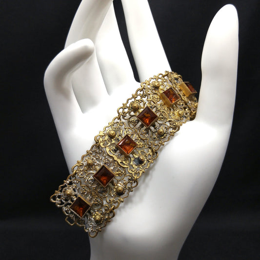Vintage Filigree Topaz Glass Link Wide Bracelet, Built in Hook On Back, Antique 1920s Vintage Jewelry