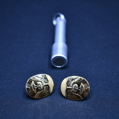 Laurel Burch Eiko Post Earrings, Gold Plated, Japanese Mask, 1980s Vintage
