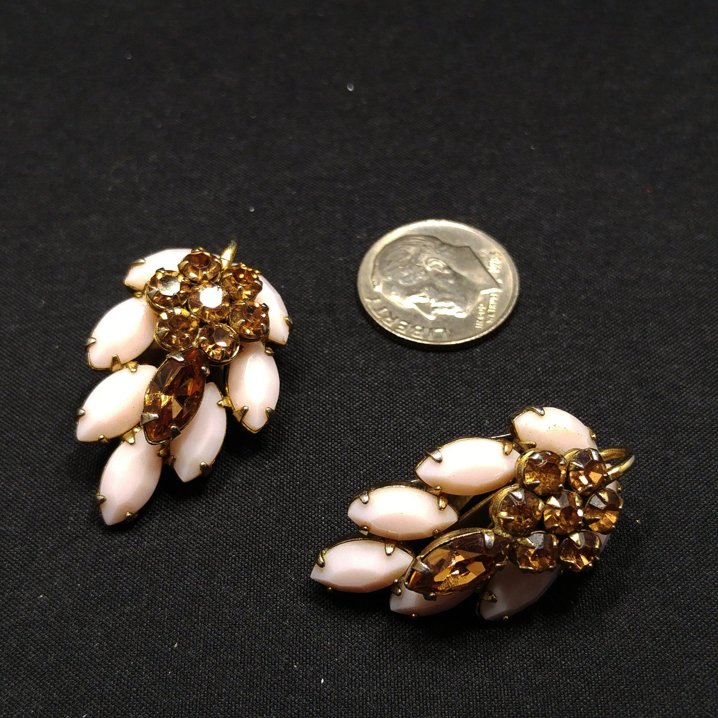 Sherman Pink & Topaz Rhinestone Earrings, Pink Milk Glass, Gold Plated, 1960s Vintage Jewelry