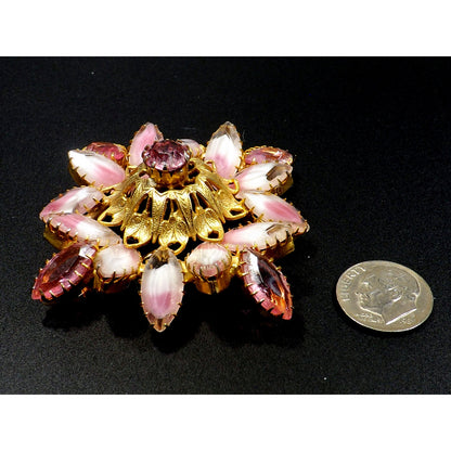 Pink Rhinestone Art Glass Domed Floral Brooch, Gold Plated Filigree, 1960s Vintage Jewelry
