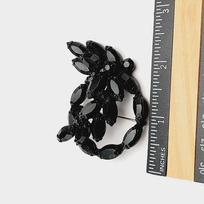Vintage Black Rhinestone Wreath Floral 1960s Brooch, Japanned Black Enamel