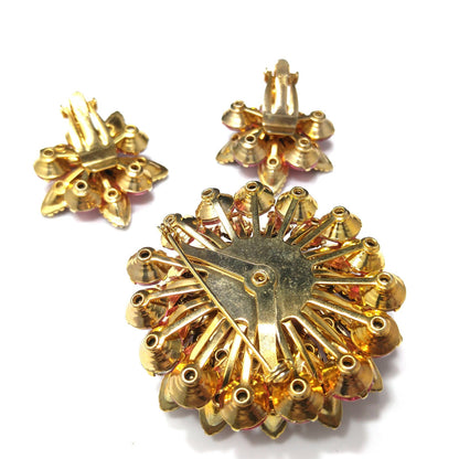 Vintage Celebrity Pink Purple Brooch & Earrings, 22K Gold Plated, 1940s