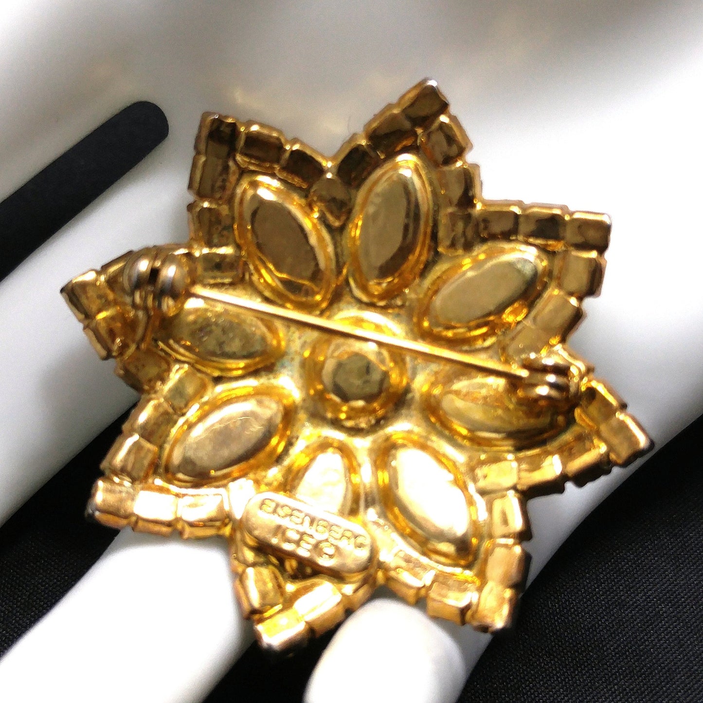 Eisenberg Ice Clear Rhinestone Flower Brooch, Gold Plated, 1960s Vintage Jewelry