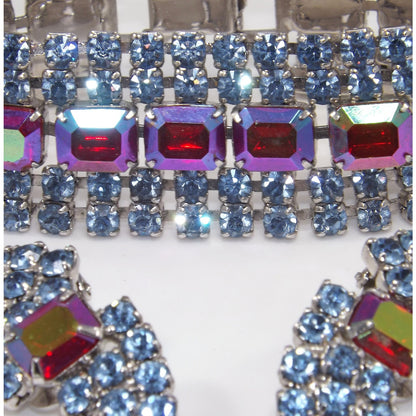 Vintage Rhinestone Bracelet Earring Set, Red Aurora Borealis Emerald Cut