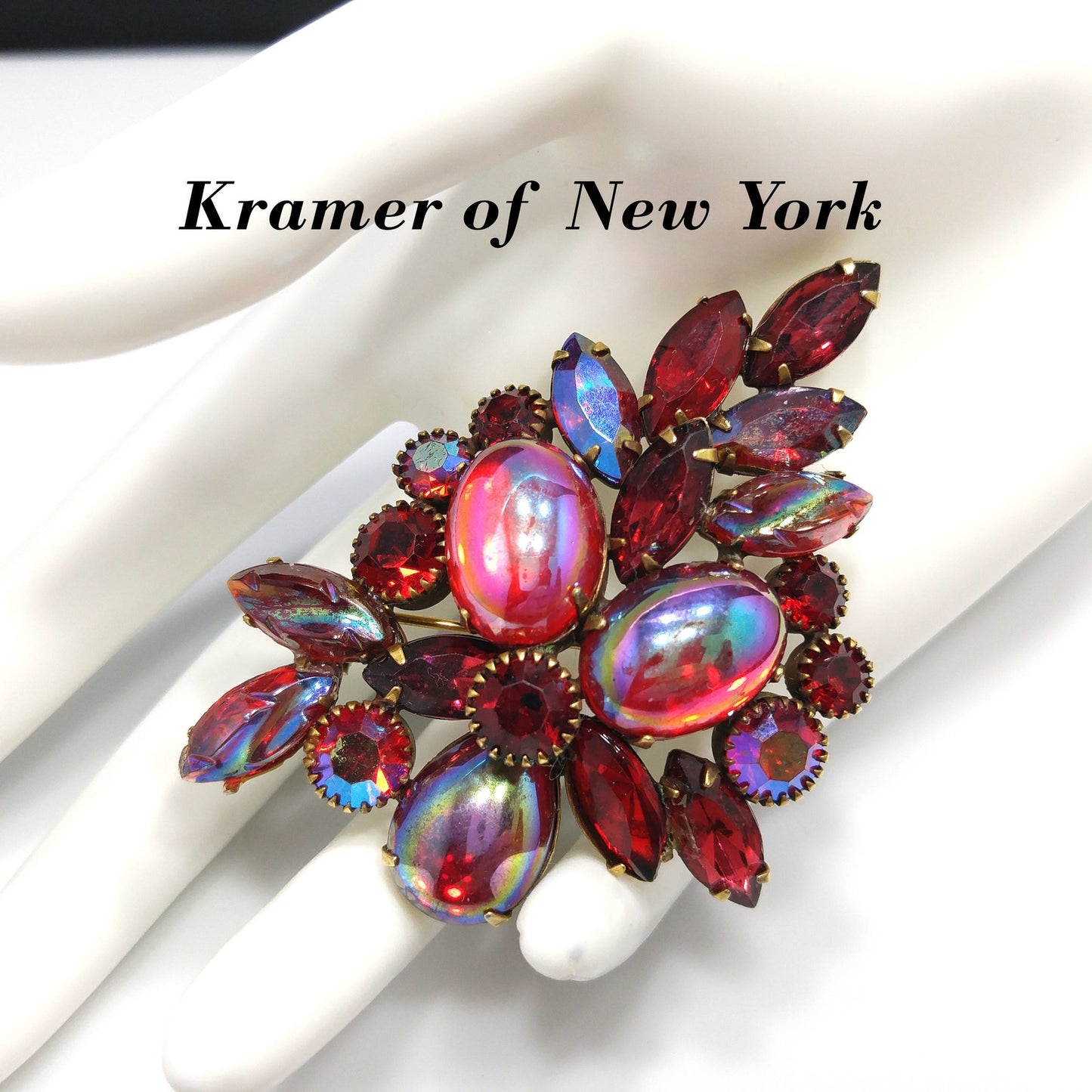 Kramer Red Iridescent Rhinestone Brooch, Aurora Borealis Rhinestones, 1960s Vintage Jewelry