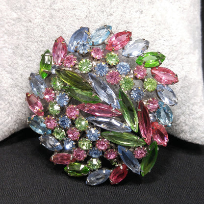 Pastel Rhinestone Floral Brooch, Rhodium Plated, Open Back Stones, 1960s Vintage Jewelry