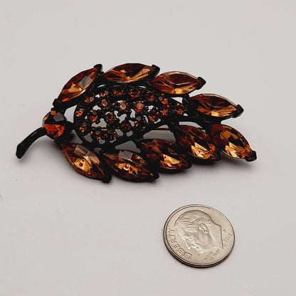 Vintage MGENT Topaz Rhinestone Leaf Japanned Brooch Pin