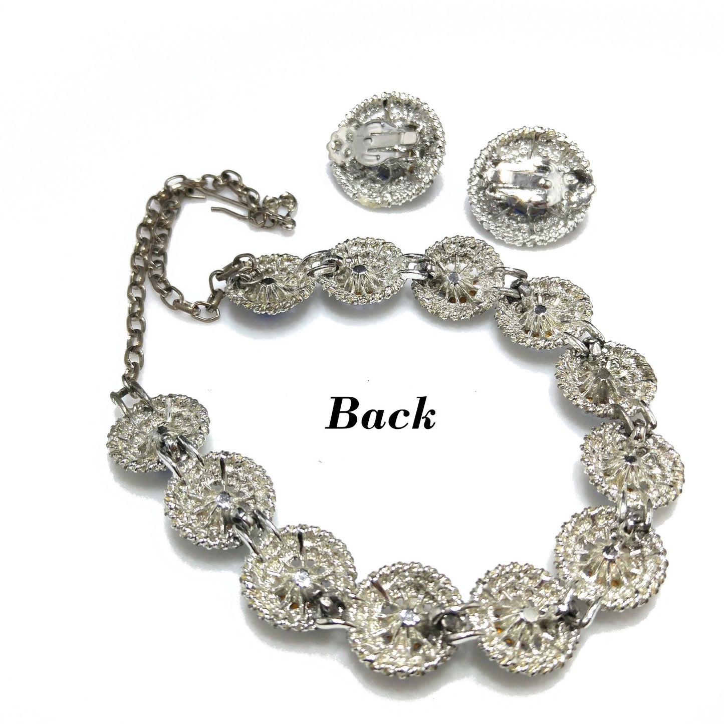 Blue Rhinestone Necklace Clip Earrings, Rhodium Plated Links, 1950s Vintage Jewelry