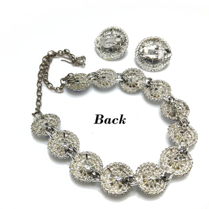Blue Rhinestone Necklace Clip Earrings, Rhodium Plated Links, 1950s Vintage Jewelry
