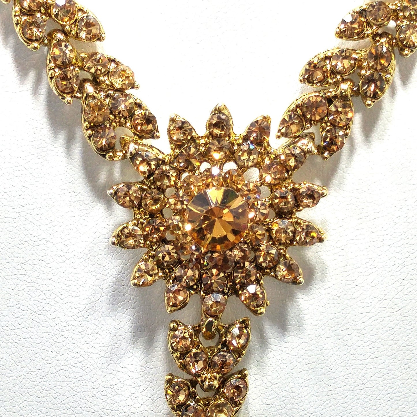 Light Topaz Rhinestone Necklace Post Earrings Set, Gold Plated, 1990s Vintage Jewelry
