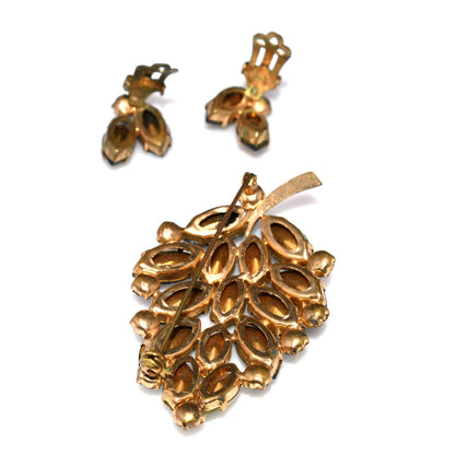 Mid-Century Topaz Jonquil Rhinestone Leaf Brooch Earrings Set, 1960s Vintage Jewelry