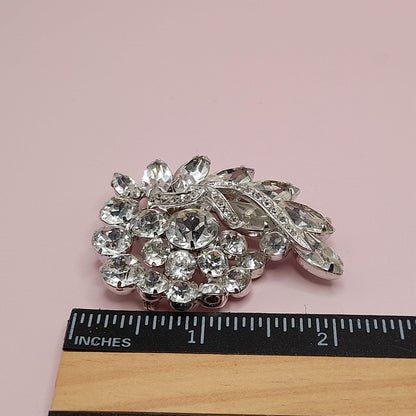 Vintage Clear Rhinestone Brooch, Rhodium Plated, 1960s, 2 1/4 Inches