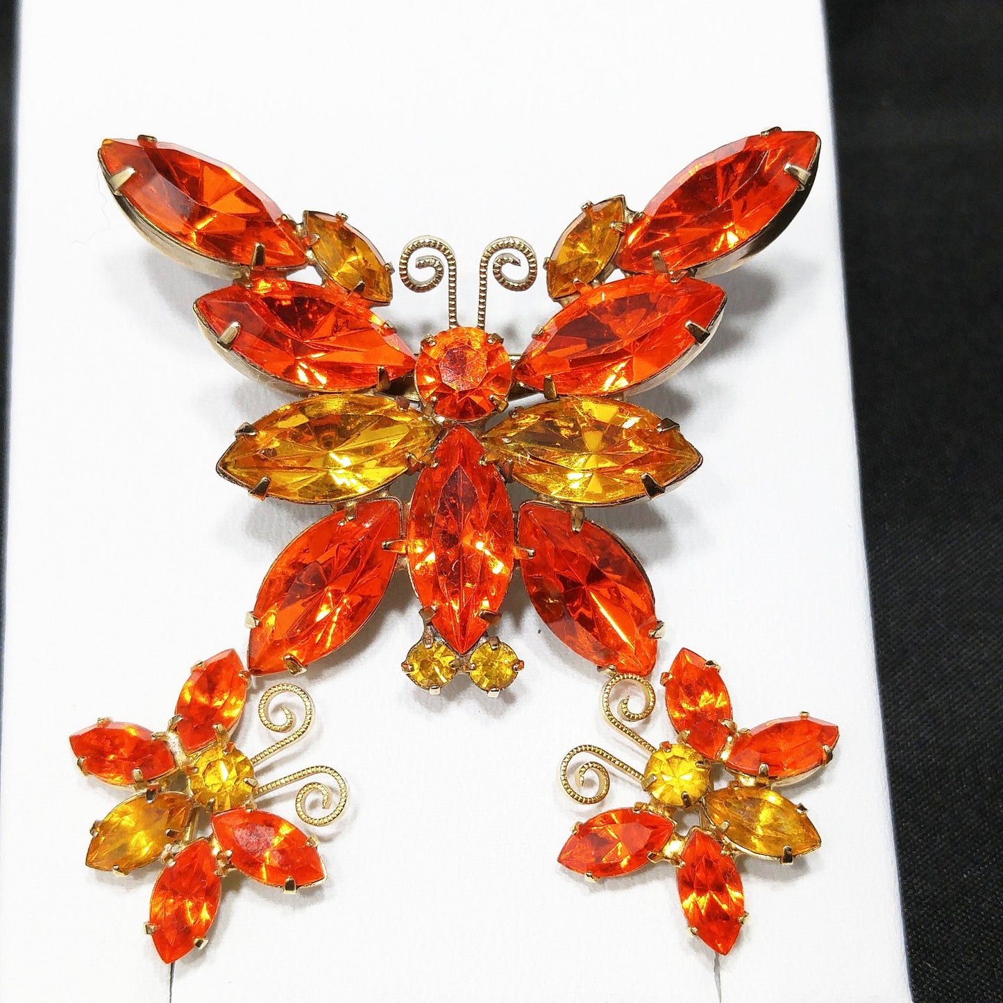 Orange & Topaz Rhinestone Butterfly Brooch Earrings Set, Gold Plating, 1960s