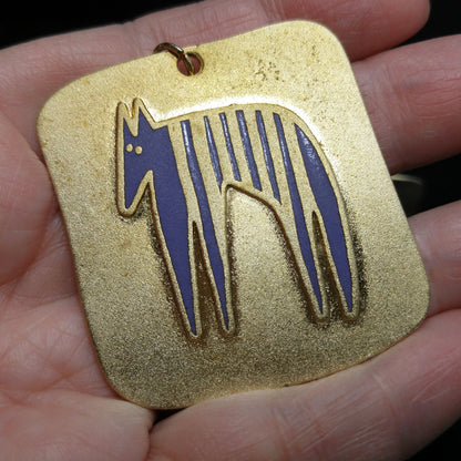 Laurel Burch "Striped Beast" Pendant & Earrings, Brass Purple Enamel, 1980s