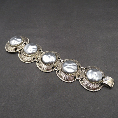 Mid-century Silver Chunky Five Link Bracelet, Gold Plated, Blue Lucite Metallic Pearled, 1960s Vintage Jewelry