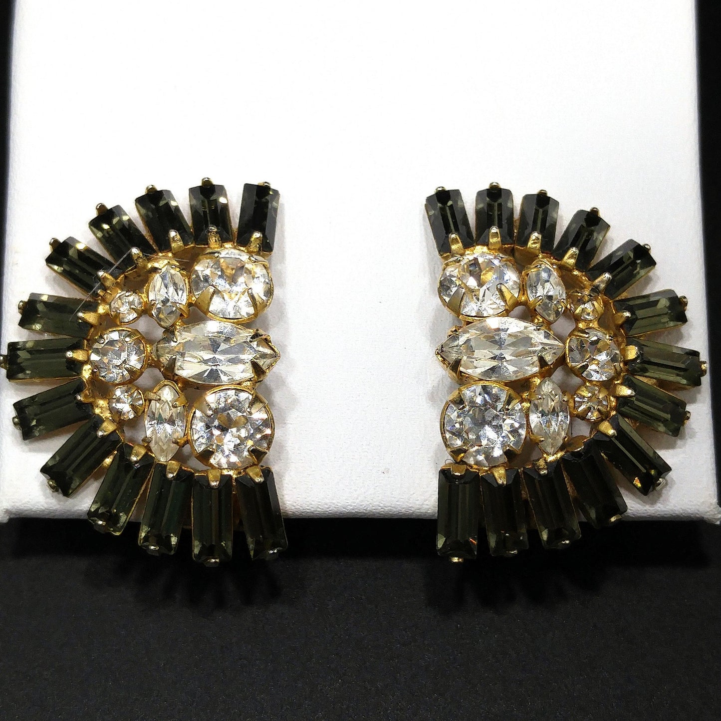 Hobe' Rhinestone Clip Earrings, Clear & Gray Rhinestones, Gold Plated, 1950s Vintage Jewelry