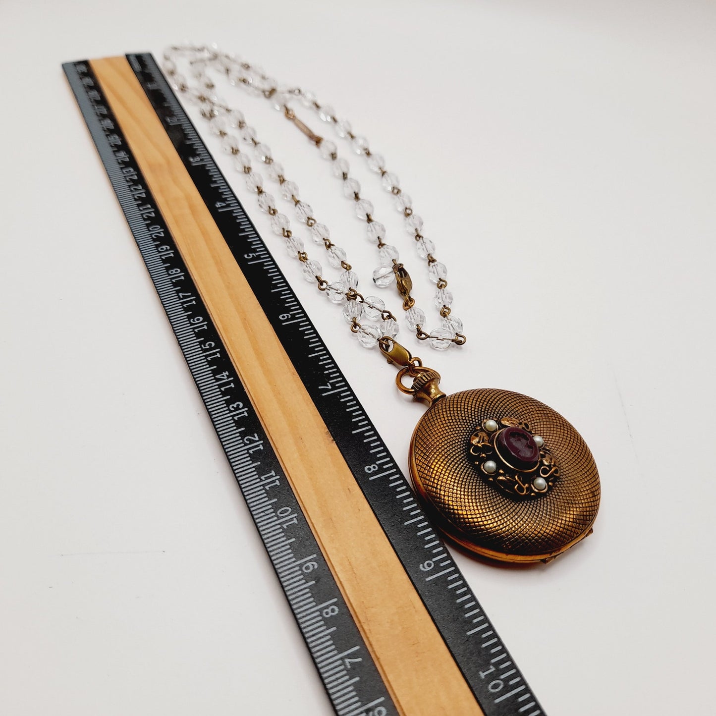 Vintage Extasia Intaglio Pocket Watch Style Locket Clear Bead Necklace, 28 Inches