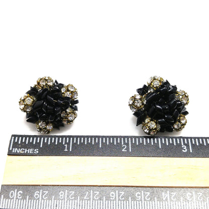 Carnegie Rhinestone Earrings, Black Glass Beads, 1950s Vintage Jewelry