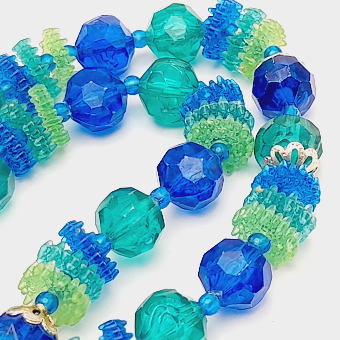 Vintage Hong Kong Early Plastic Two Strand Beaded Necklace, Green Blue Beads