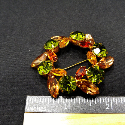 Vintage Regency Wreath Brooch, Green Topaz Citrine Crystal Rhinestones, 1950s Vintage Jewelry