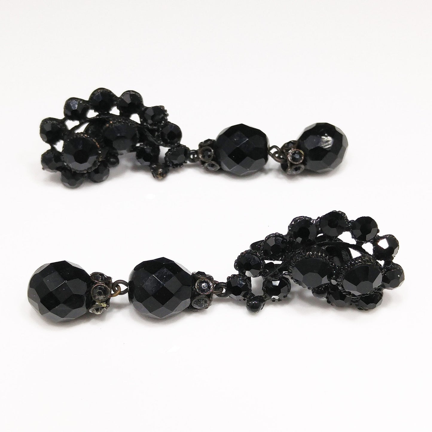 Vintage 1950s Japanned Black Crystal Rhinestone Drop Earrings