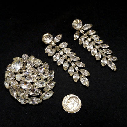 Weiss Clear Rhinestone Brooch and Long Dangle Earrings Set – 1950s Rhodium Plated