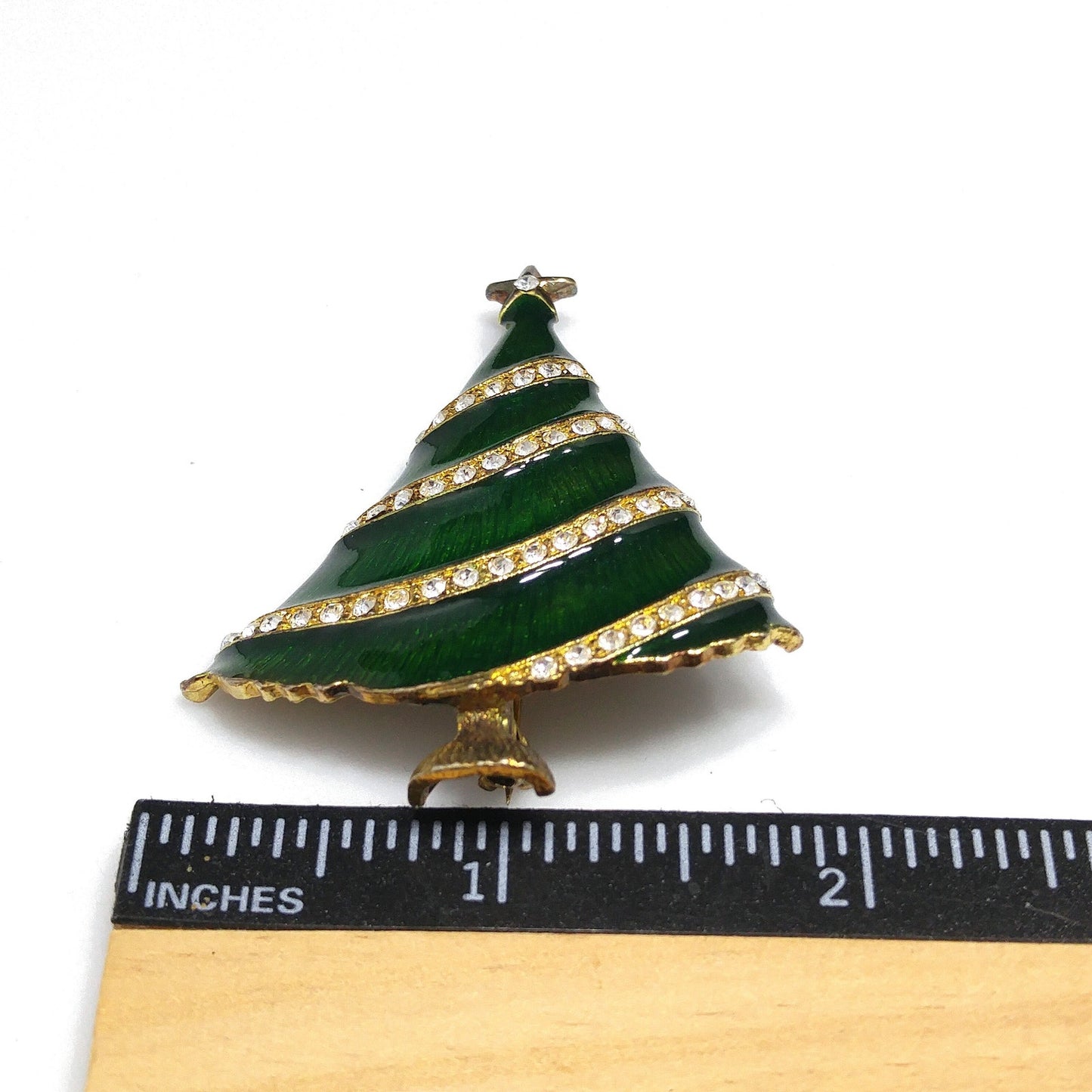 Eisenberg Ice Christmas Tree Brooch, Green Enamel, Gold Plate, 1960s Vintage Jewelry
