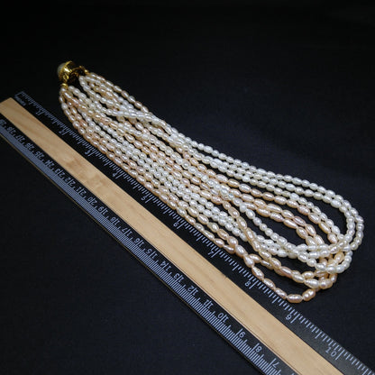 Fresh Water Pearl Necklace, 6 Strands, Silver Gold Plated Clasp, 1980s Vintage Jewelry